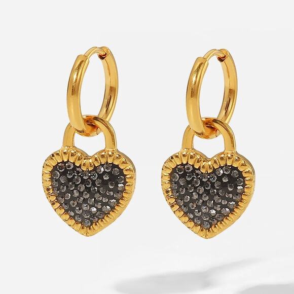 Black Heart Pendant Zircon Hoop Earrings - 18K‎ Gold Plated Stainless Steel - Picture 1 of 6